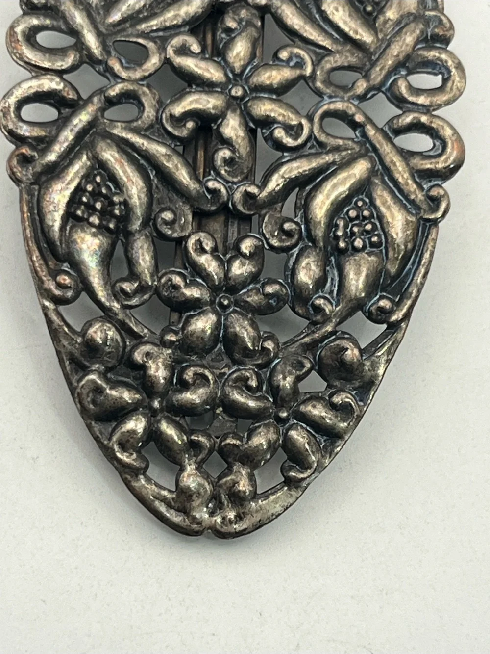Art Nouveau style silver tone flower filigree oval hair clip barrette